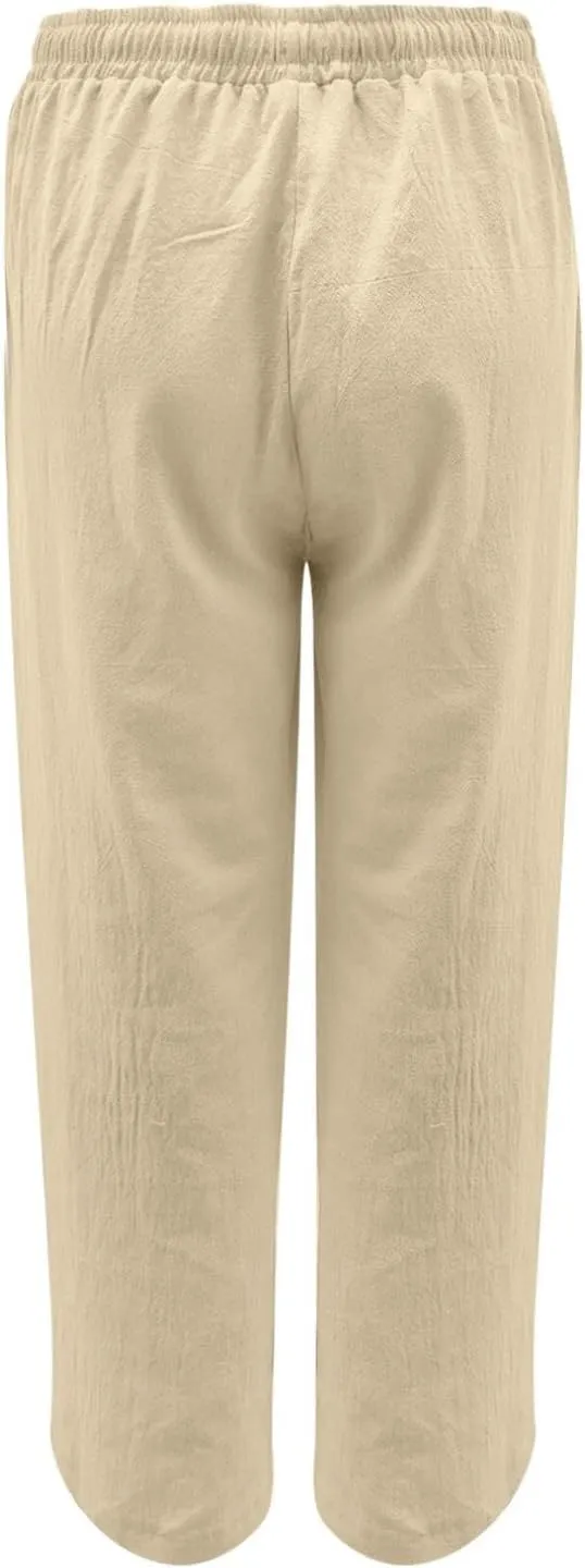 Baggy Linen Pants for Women 2025 Summer Loose Comfy Long Pants Beach Slacks Low Waist Flowy Cotton Linen Trousers