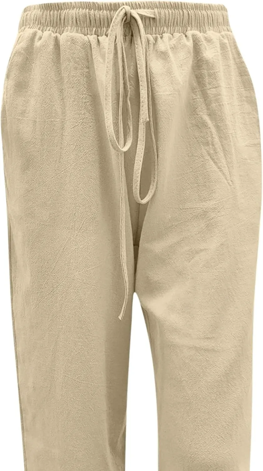 Baggy Linen Pants for Women 2025 Summer Loose Comfy Long Pants Beach Slacks Low Waist Flowy Cotton Linen Trousers