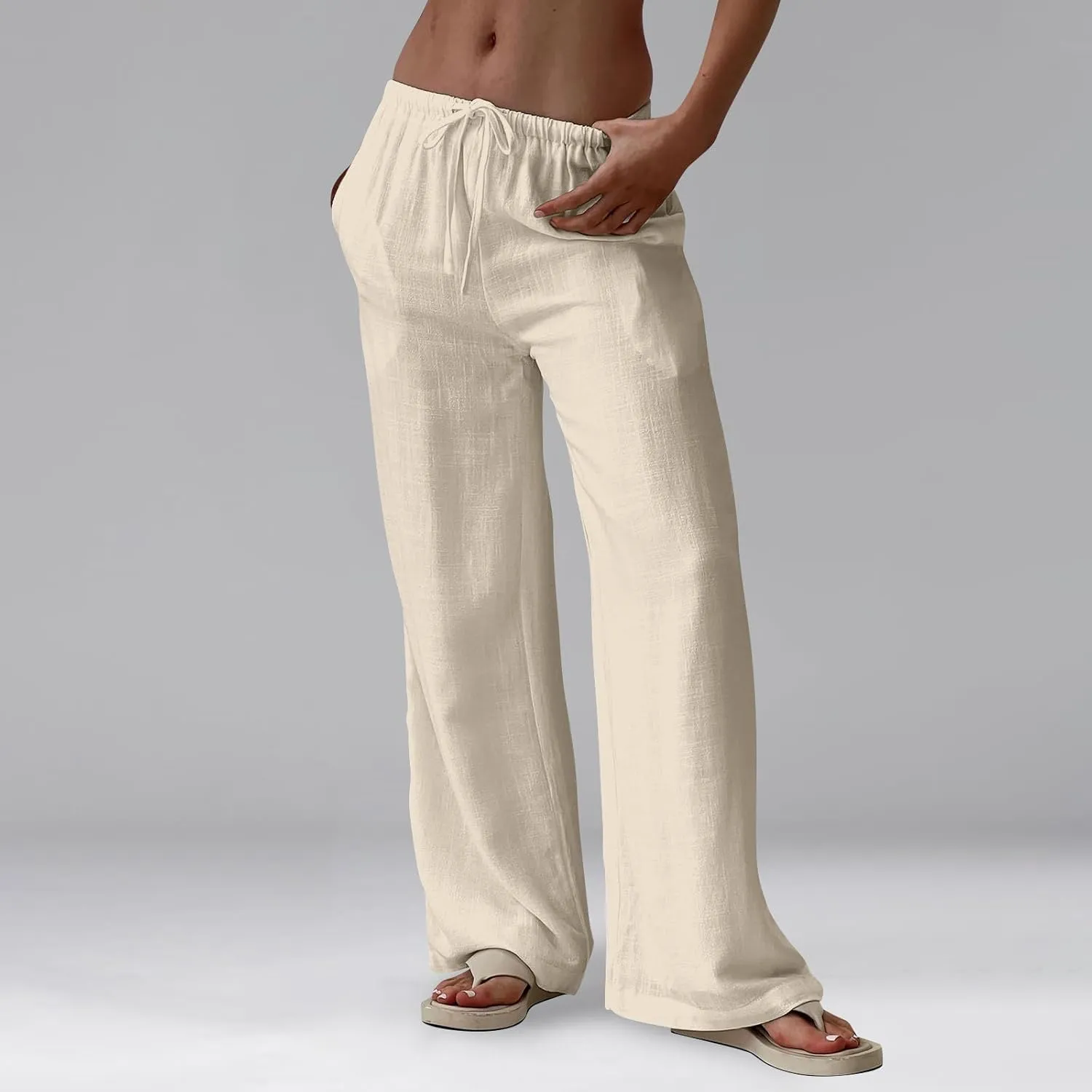 Baggy Wide Leg Linen Pants for Women Elastic High Waisted Pants Summer Beach Vacation Gauze Pants with Pockets