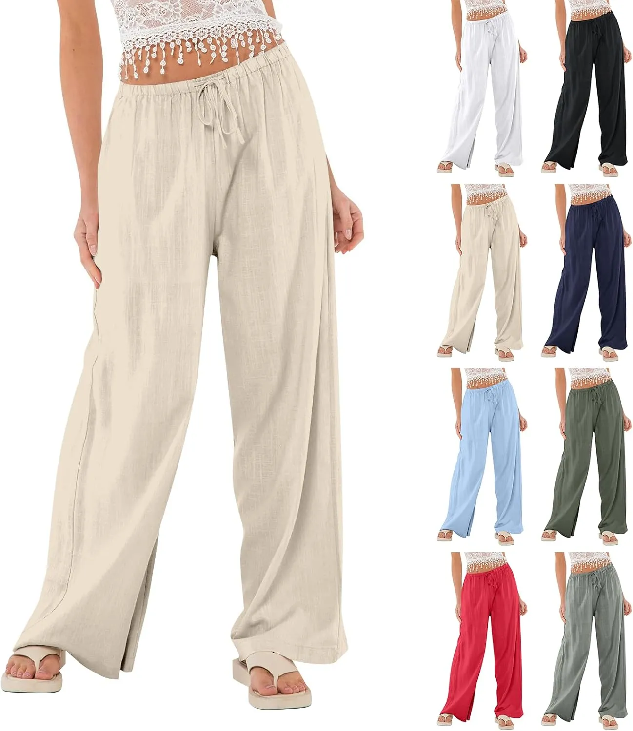 Baggy Wide Leg Linen Pants for Women Elastic High Waisted Pants Summer Beach Vacation Gauze Pants with Pockets