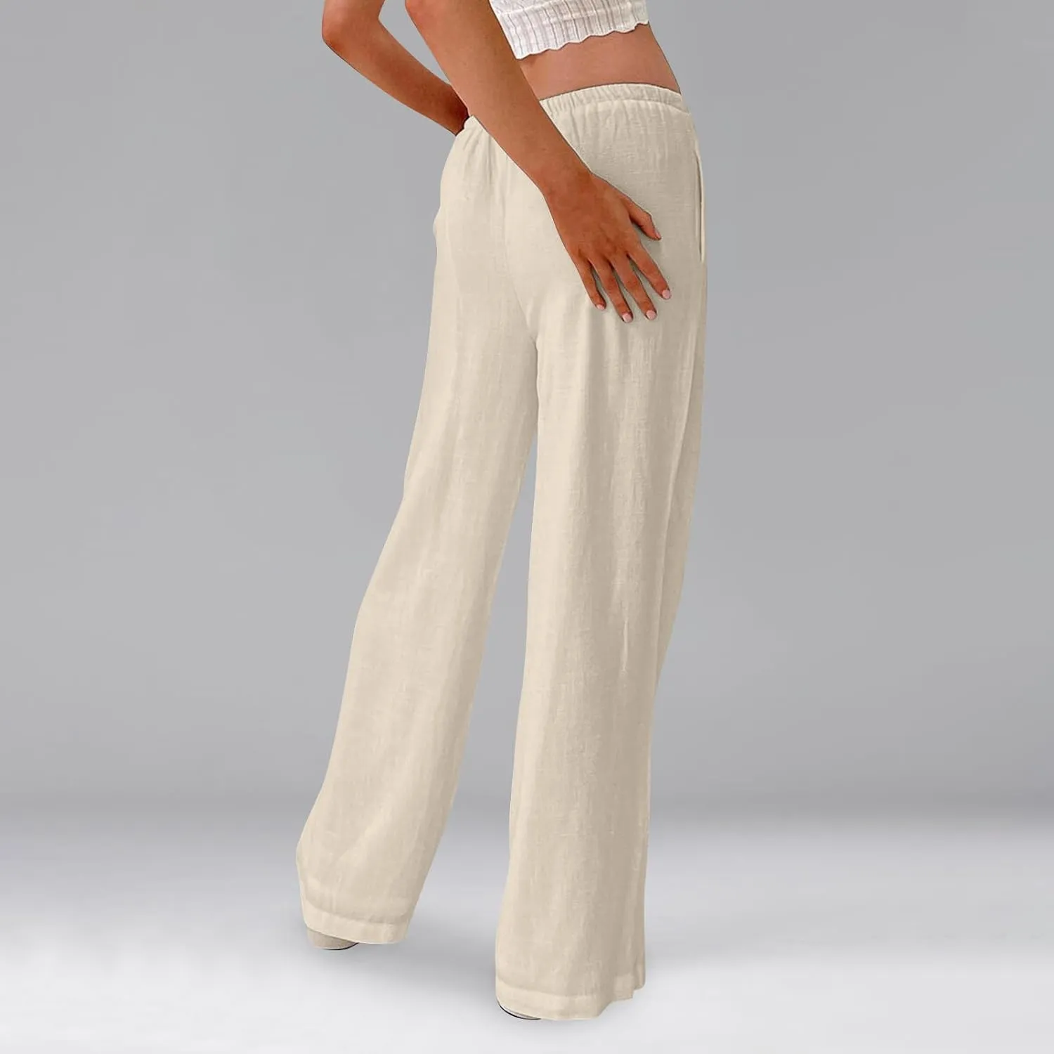 Baggy Wide Leg Linen Pants for Women Elastic High Waisted Pants Summer Beach Vacation Gauze Pants with Pockets