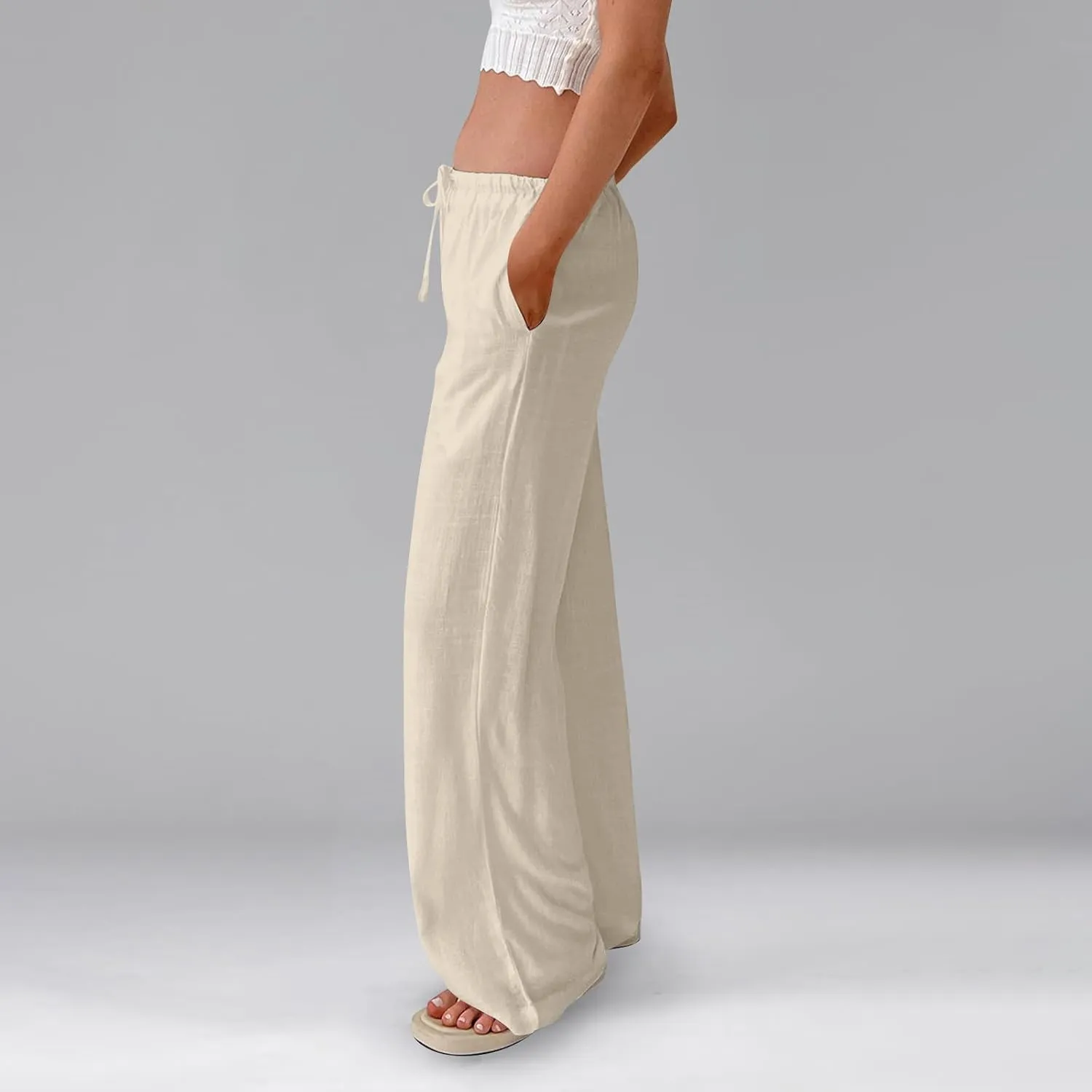 Baggy Wide Leg Linen Pants for Women Elastic High Waisted Pants Summer Beach Vacation Gauze Pants with Pockets
