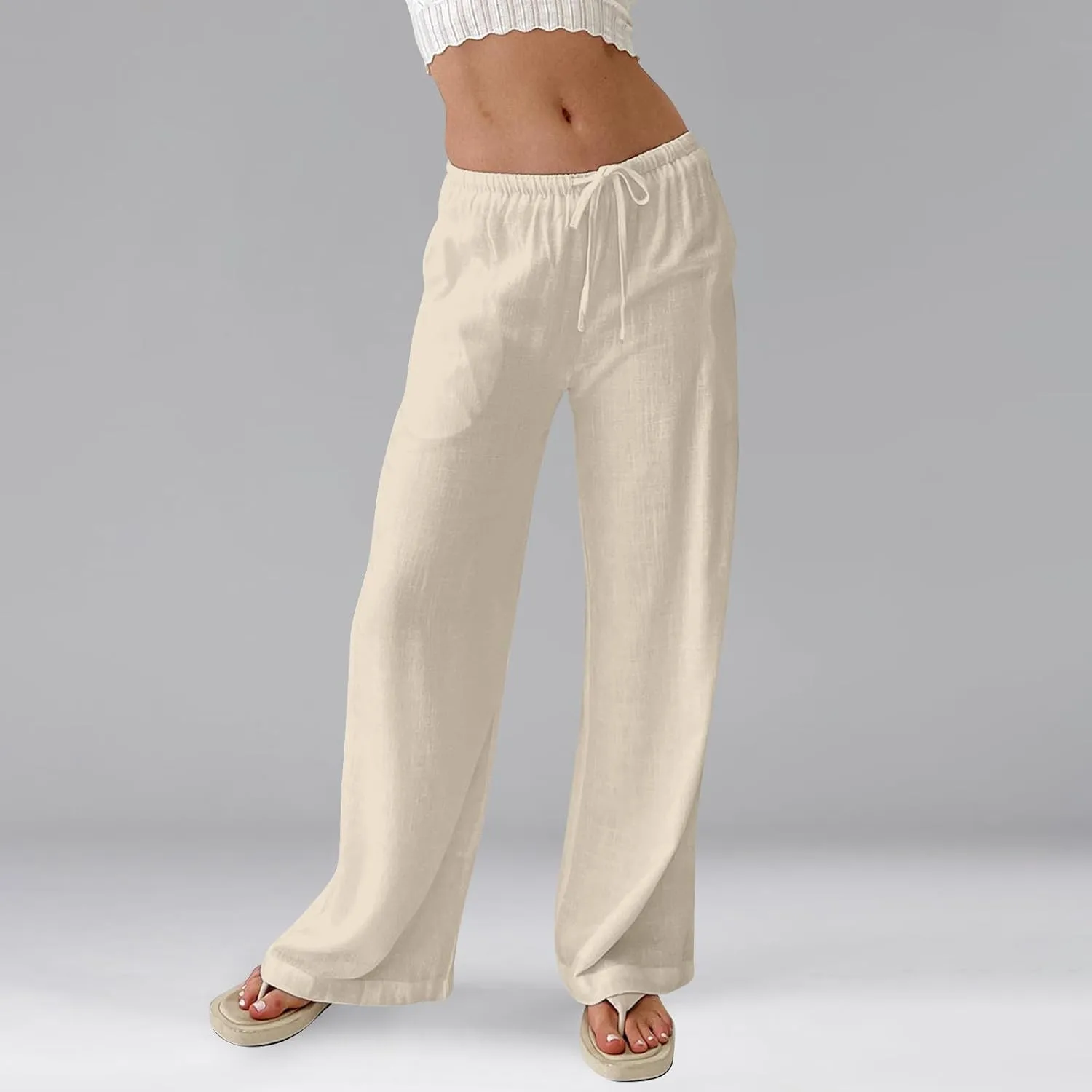 Baggy Wide Leg Linen Pants for Women Elastic High Waisted Pants Summer Beach Vacation Gauze Pants with Pockets