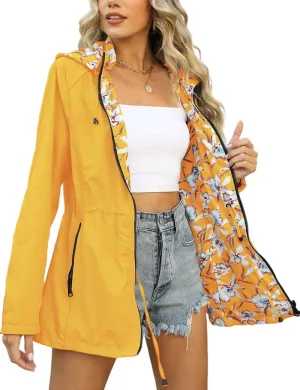 Bellivera Women Reversible Lightweight Jacket Casual Windbreaker Outerwear Waterproof Outdoor Printed Raincoat