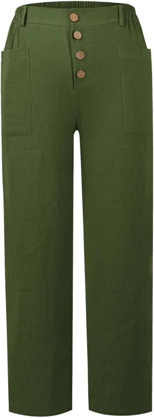 Bohemian Linen Pants for Women 2024 Casual Summer Button Elastic Waist Capri Pants Beach Pants with Big Pockets