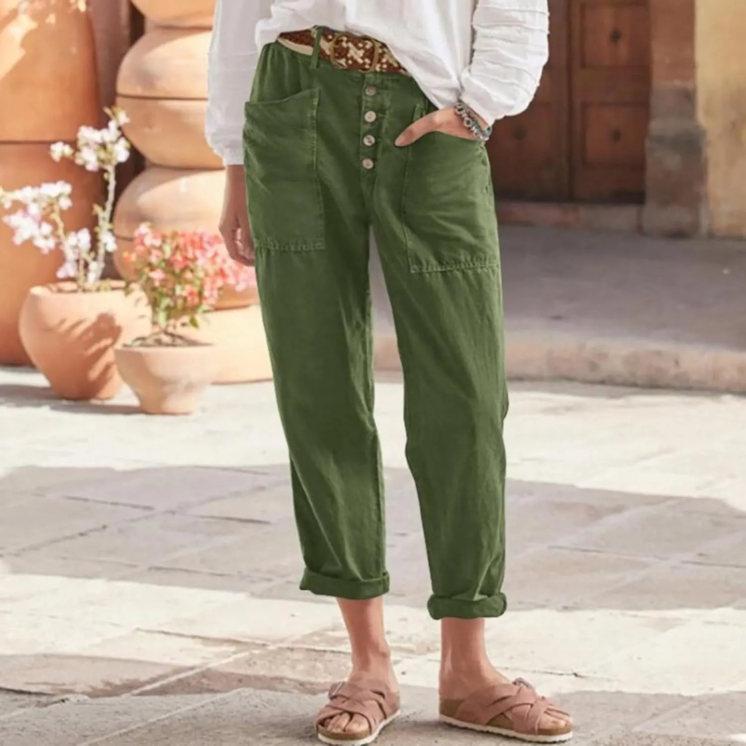 Bohemian Linen Pants for Women 2024 Casual Summer Button Elastic Waist Capri Pants Beach Pants with Big Pockets