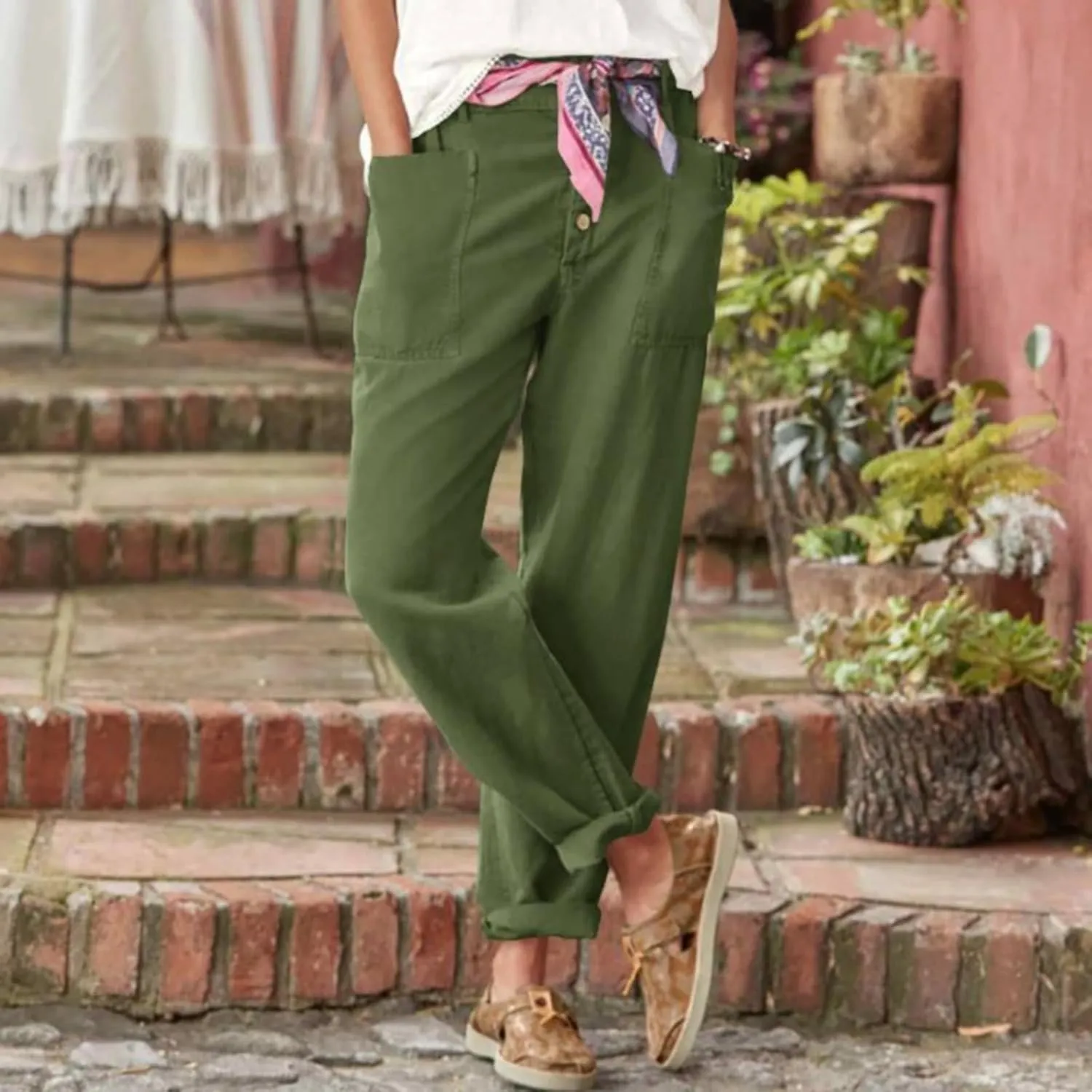 Bohemian Linen Pants for Women 2024 Casual Summer Button Elastic Waist Capri Pants Beach Pants with Big Pockets