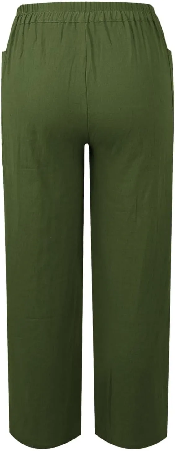 Bohemian Linen Pants for Women 2024 Casual Summer Button Elastic Waist Capri Pants Beach Pants with Big Pockets