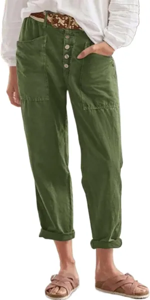 Bohemian Linen Pants for Women 2024 Casual Summer Button Elastic Waist Capri Pants Beach Pants with Big Pockets