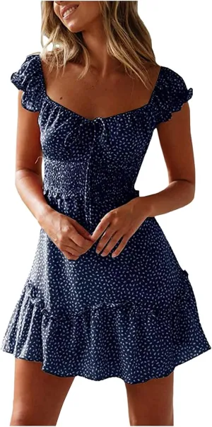 Boho Floral Dress for Women Cap Sleeve Summer Smocked Mini Dresses Elegant Square Neck Ruffle Short Party Sundress