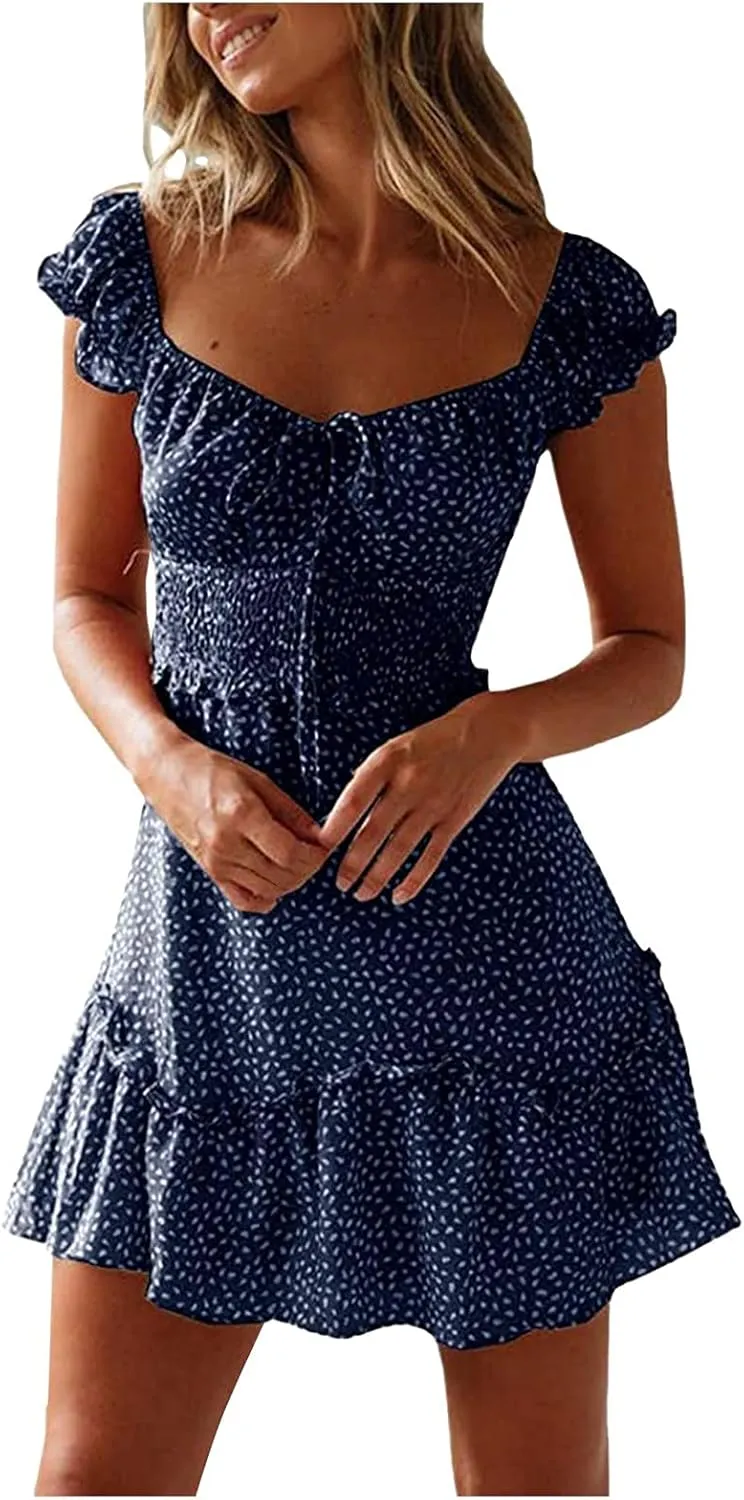 Boho Floral Dress for Women Cap Sleeve Summer Smocked Mini Dresses Elegant Square Neck Ruffle Short Party Sundress
