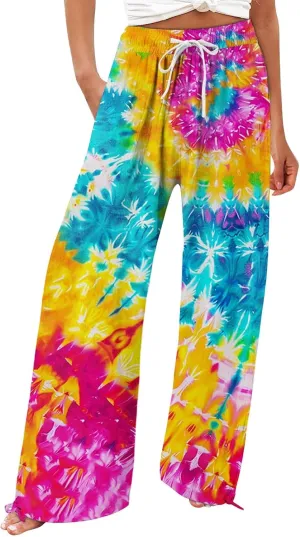 Boho Pants for Women Floral Print Cotton Linen Pant Elastic Waist Drawstring Summer Beach Baggy Trousers with Pocket