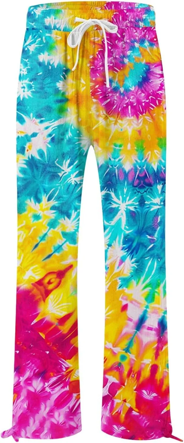 Boho Pants for Women Floral Print Cotton Linen Pant Elastic Waist Drawstring Summer Beach Baggy Trousers with Pocket