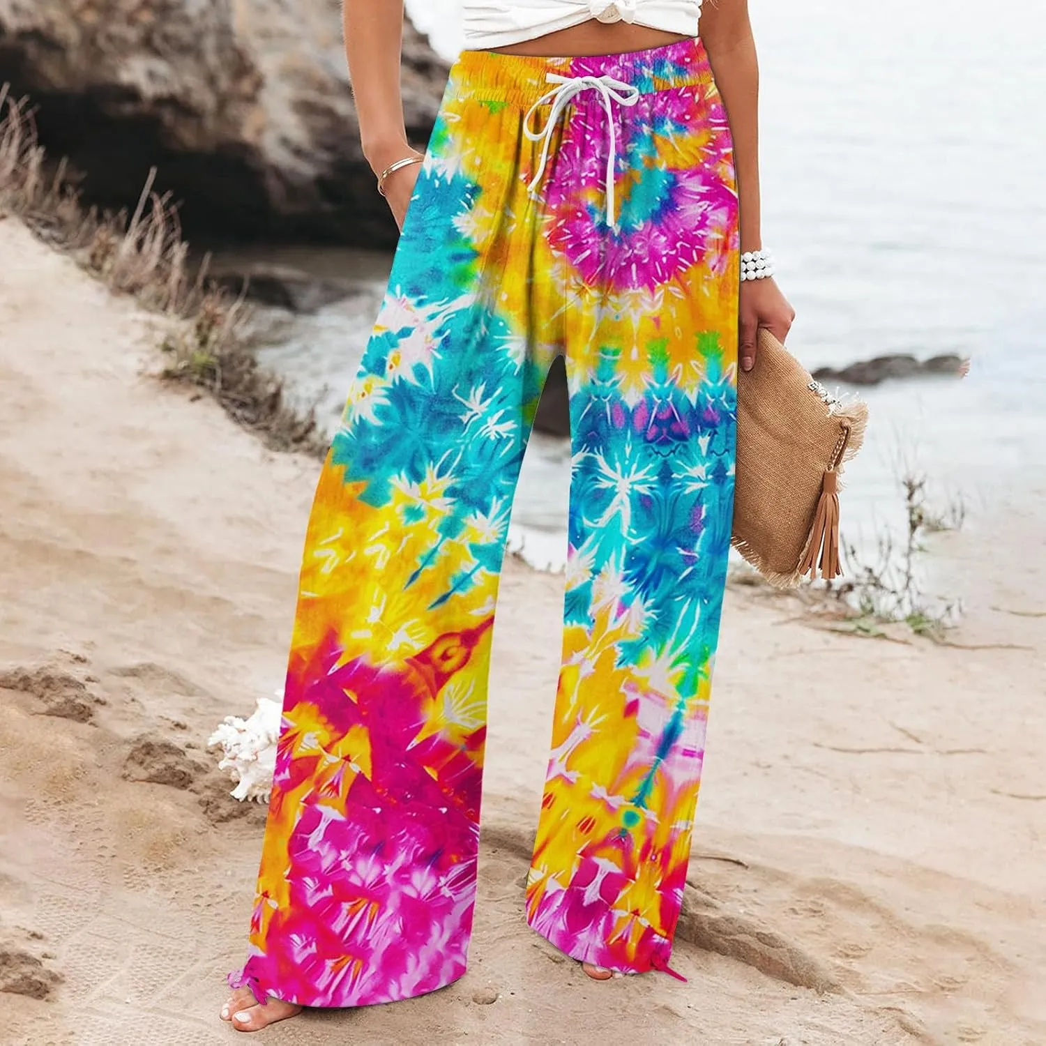 Boho Pants for Women Floral Print Cotton Linen Pant Elastic Waist Drawstring Summer Beach Baggy Trousers with Pocket