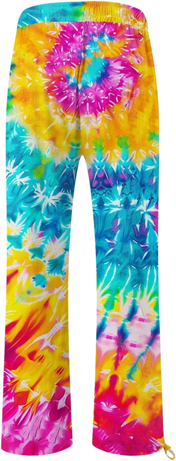 Boho Pants for Women Floral Print Cotton Linen Pant Elastic Waist Drawstring Summer Beach Baggy Trousers with Pocket