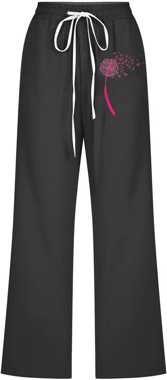 Breast Cancer Capri Pants for Women Drawstring Elastic High Waist Linen Pants Pink Ribbon Straight Cropped Trouser