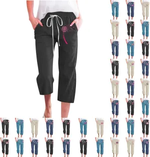 Breast Cancer Capri Pants for Women Drawstring Elastic High Waist Linen Pants Pink Ribbon Straight Cropped Trouser