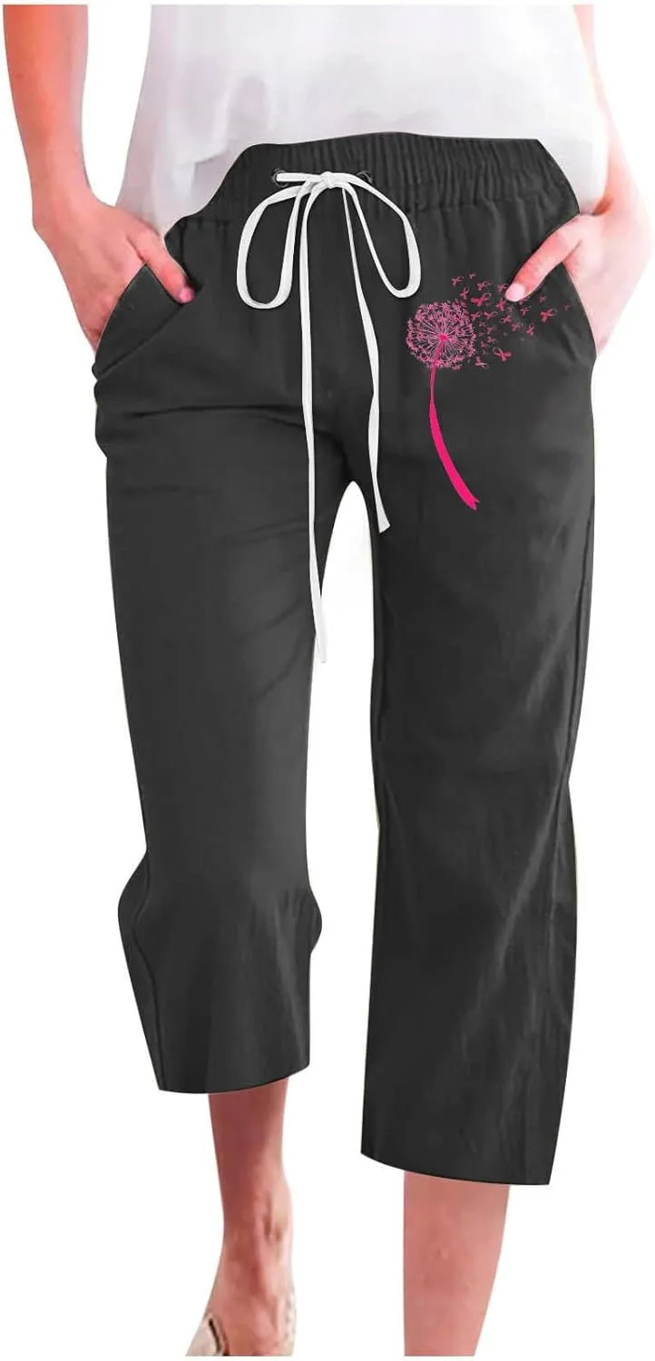 Breast Cancer Capri Pants for Women Drawstring Elastic High Waist Linen Pants Pink Ribbon Straight Cropped Trouser