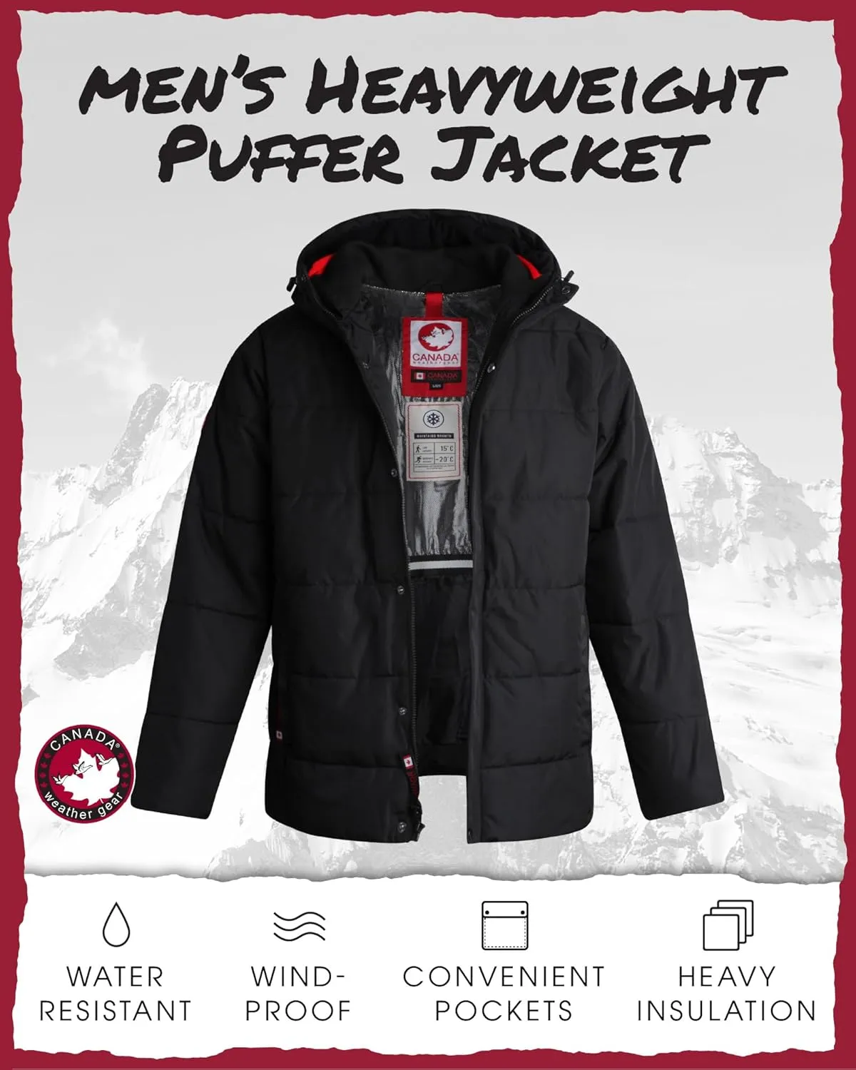 CANADA WEATHER GEAR Men's Winter Jacket  Heavyweight Puffer Jacket  Casual Coat for Men (M-XXL)