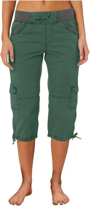 Capri Cargo Pants for Women 2024 Elastic High Waist Drawstring 3/4 Hiking Pants with Multi Pockets Casual Slim Fit Work Pants