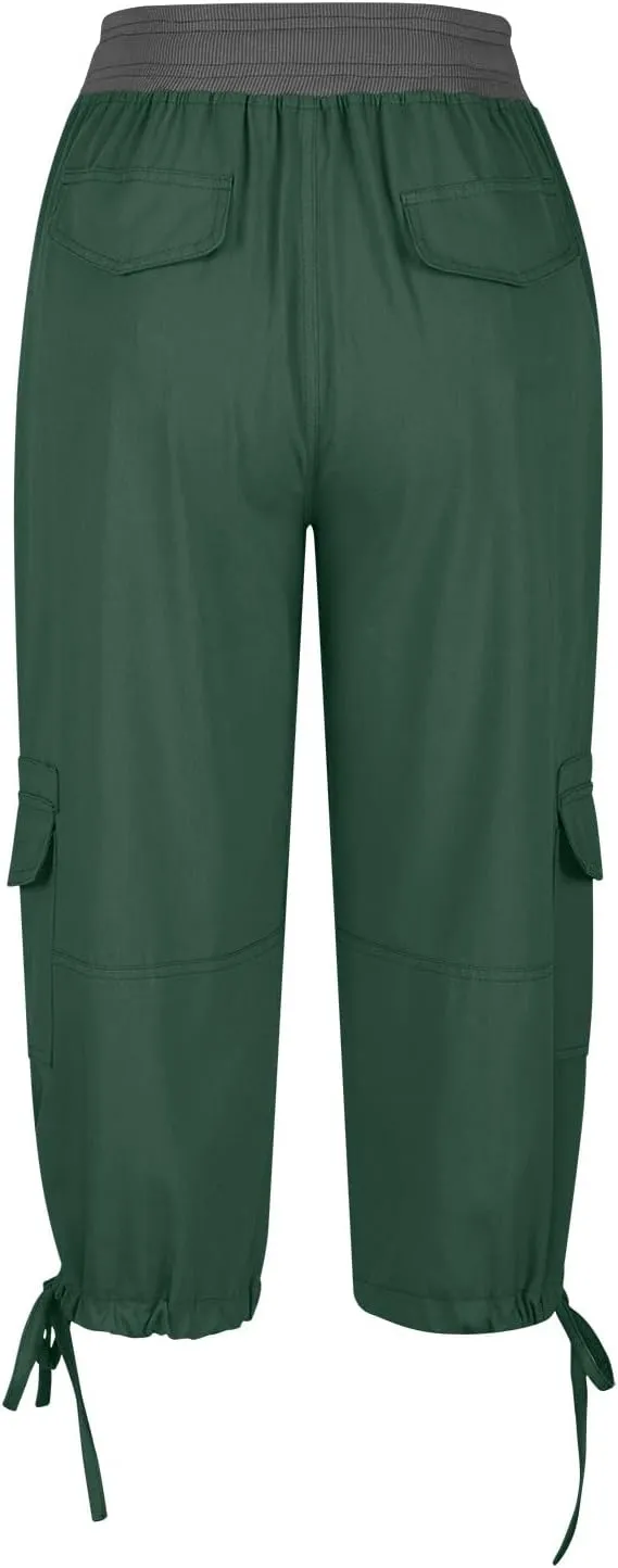 Capri Cargo Pants for Women 2024 Elastic High Waist Drawstring 3/4 Hiking Pants with Multi Pockets Casual Slim Fit Work Pants