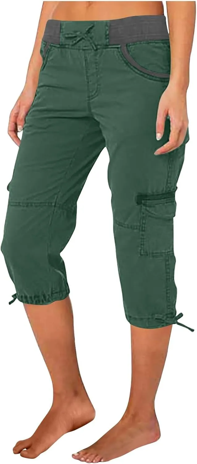 Capri Cargo Pants for Women 2024 Elastic High Waist Drawstring 3/4 Hiking Pants with Multi Pockets Casual Slim Fit Work Pants