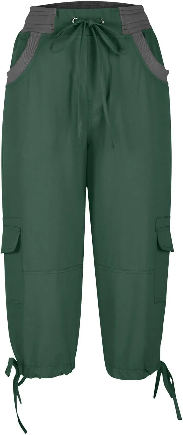 Capri Cargo Pants for Women 2024 Elastic High Waist Drawstring 3/4 Hiking Pants with Multi Pockets Casual Slim Fit Work Pants