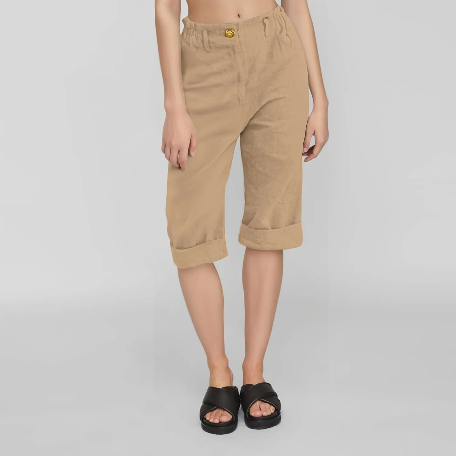 Capri Linen Pants Women Casual Elastic Waisted Trousers Stretchy Ladies Cropped Palazzo Pants Casual Summer 2025