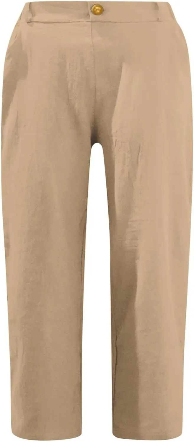 Capri Linen Pants Women Casual Elastic Waisted Trousers Stretchy Ladies Cropped Palazzo Pants Casual Summer 2025