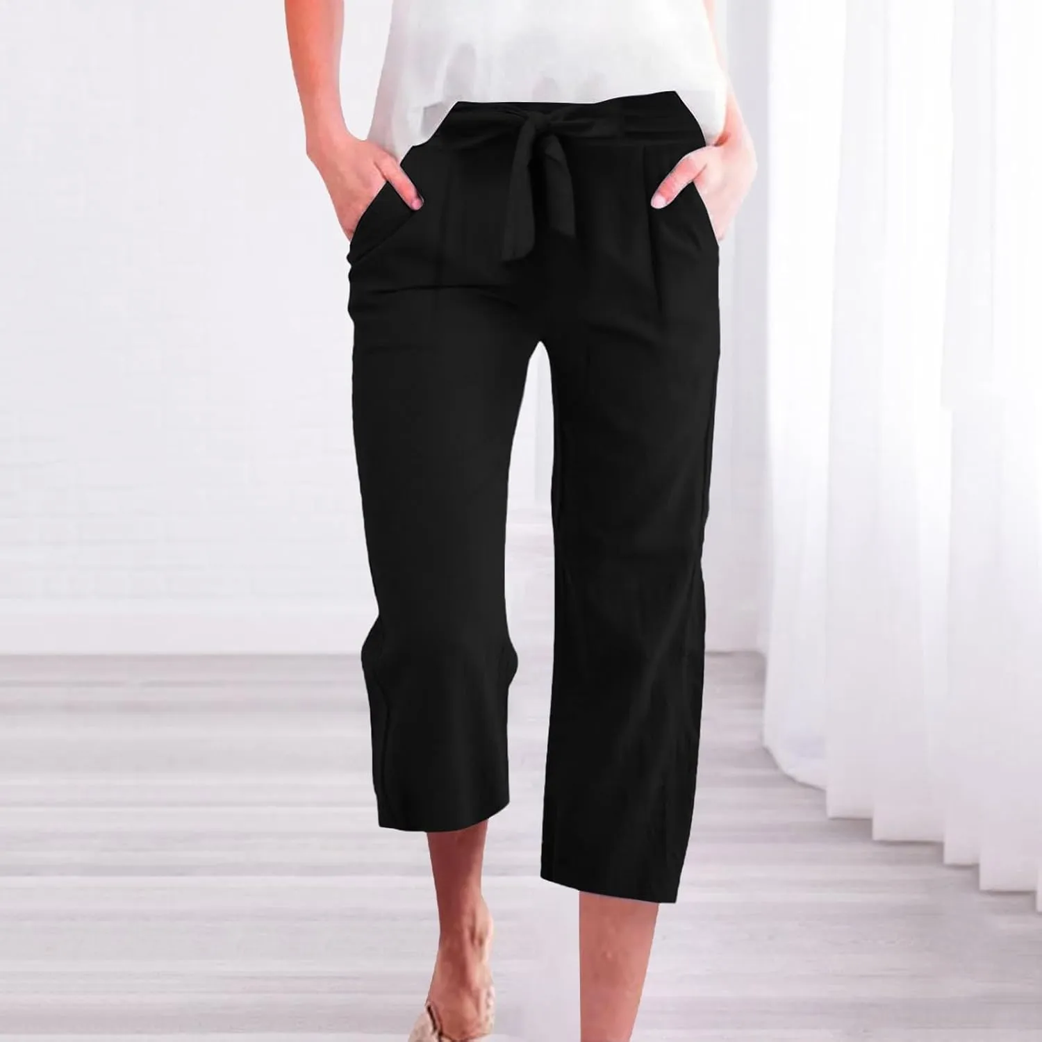 Capri Pants for Women Casual Summer Drawstring Elastic High Waist Linen Pant Straight Wide Leg Cropped Trouser 2025