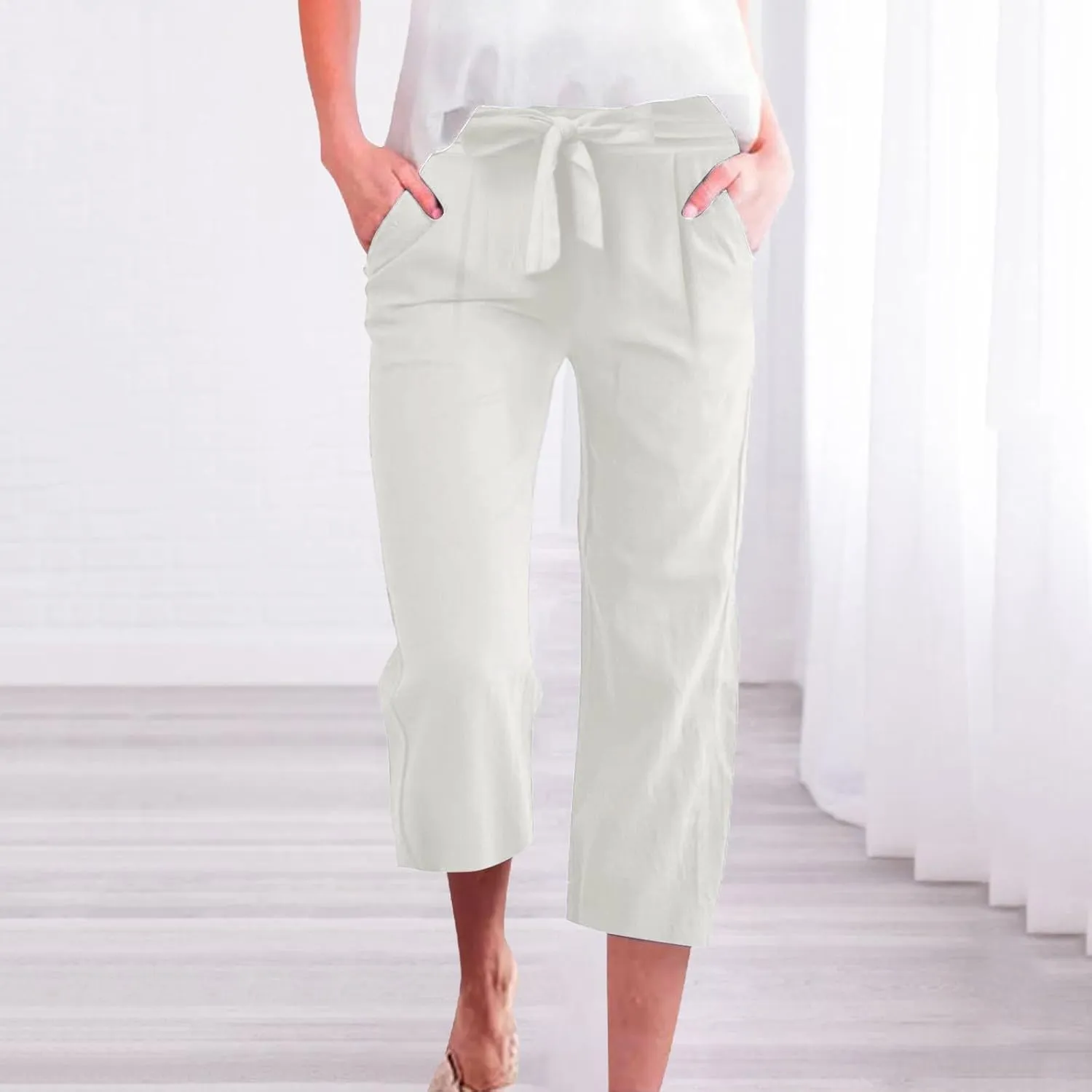 Capri Pants for Women Casual Summer Drawstring Elastic High Waist Linen Pant Straight Wide Leg Cropped Trouser 2025