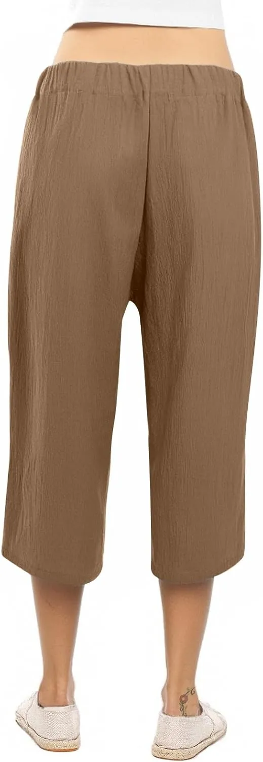 Capri Pants for Women Casual Summer Drawstring Elastic High Waist Linen Pant Straight Wide Leg Cropped Trouser 2025