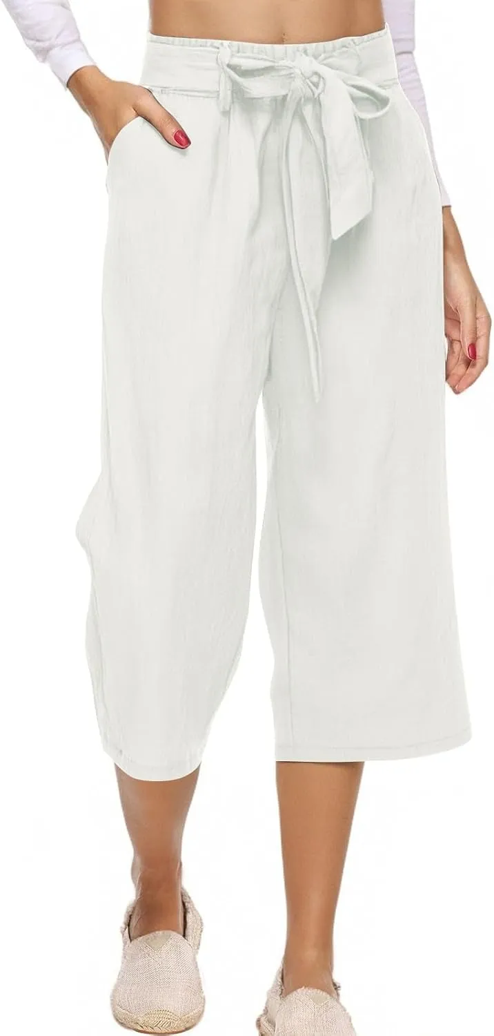 Capri Pants for Women Casual Summer Drawstring Elastic High Waist Linen Pant Straight Wide Leg Cropped Trouser 2025