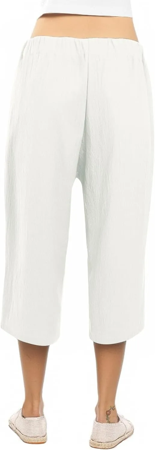 Capri Pants for Women Casual Summer Drawstring Elastic High Waist Linen Pant Straight Wide Leg Cropped Trouser 2025
