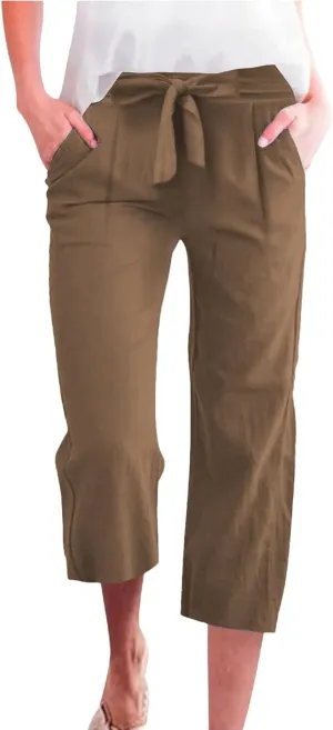 Capri Pants for Women Casual Summer Drawstring Elastic High Waist Linen Pant Straight Wide Leg Cropped Trouser 2025