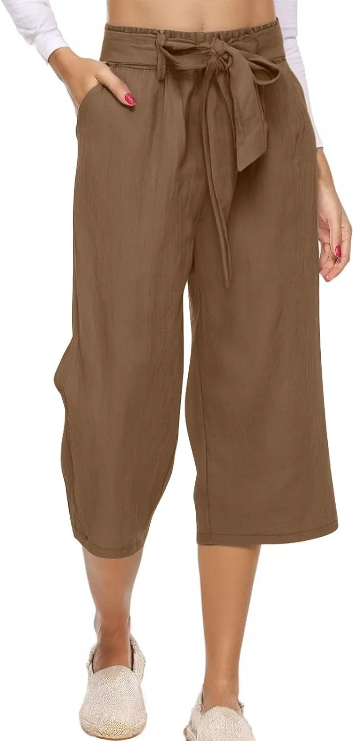 Capri Pants for Women Casual Summer Drawstring Elastic High Waist Linen Pant Straight Wide Leg Cropped Trouser 2025