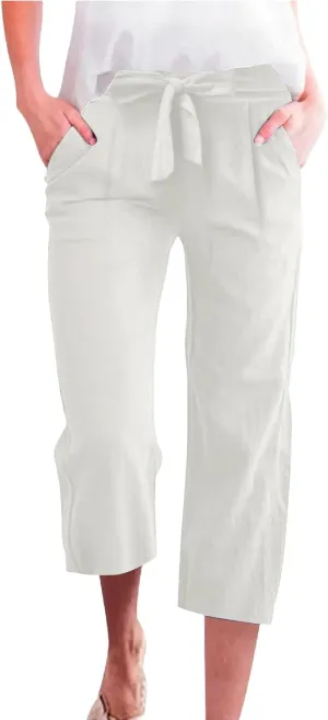 Capri Pants for Women Casual Summer Drawstring Elastic High Waist Linen Pant Straight Wide Leg Cropped Trouser 2025