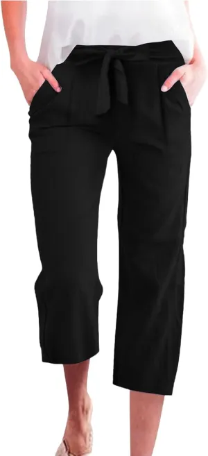 Capri Pants for Women Casual Summer Drawstring Elastic High Waist Linen Pant Straight Wide Leg Cropped Trouser 2025