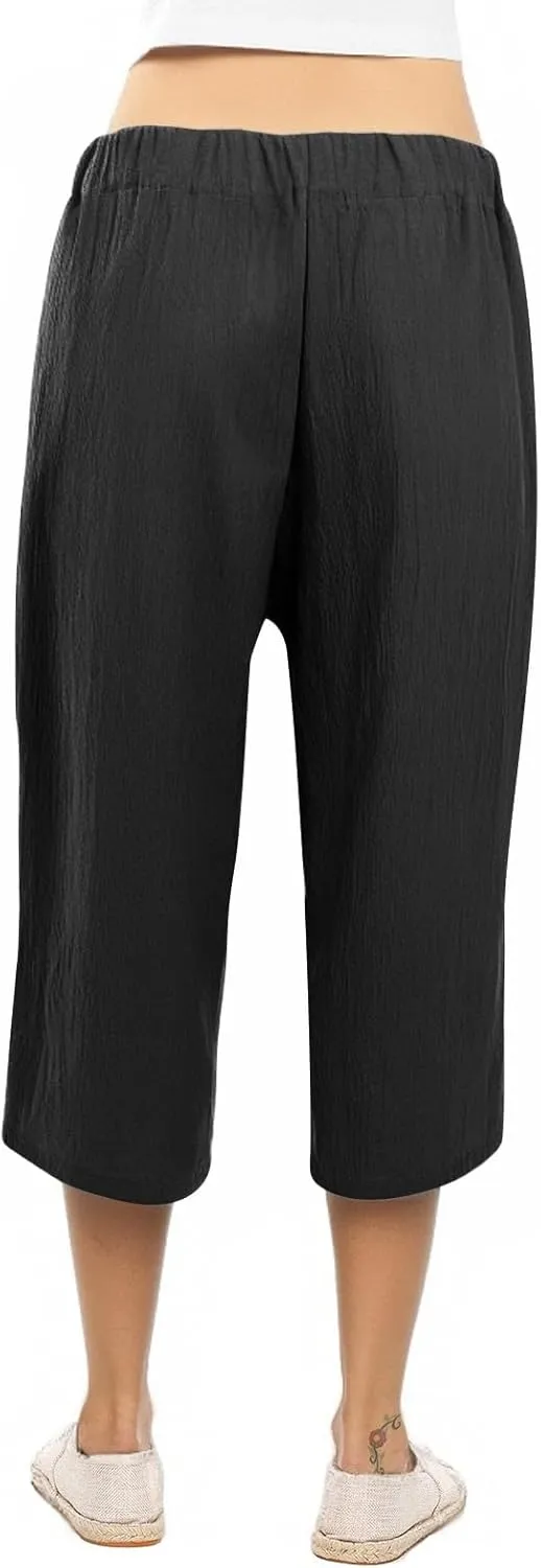 Capri Pants for Women Casual Summer Drawstring Elastic High Waist Linen Pant Straight Wide Leg Cropped Trouser 2025