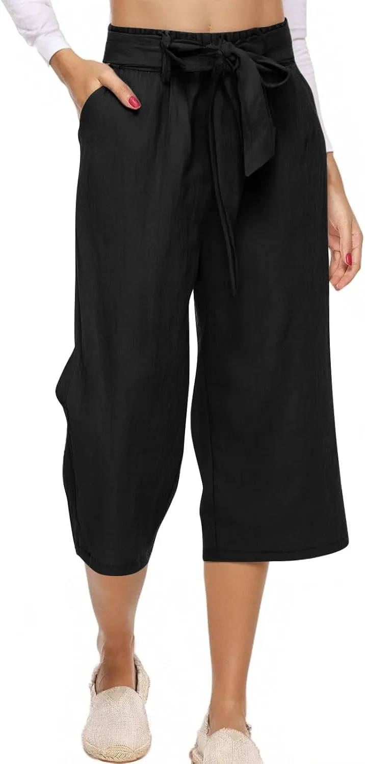 Capri Pants for Women Casual Summer Drawstring Elastic High Waist Linen Pant Straight Wide Leg Cropped Trouser 2025
