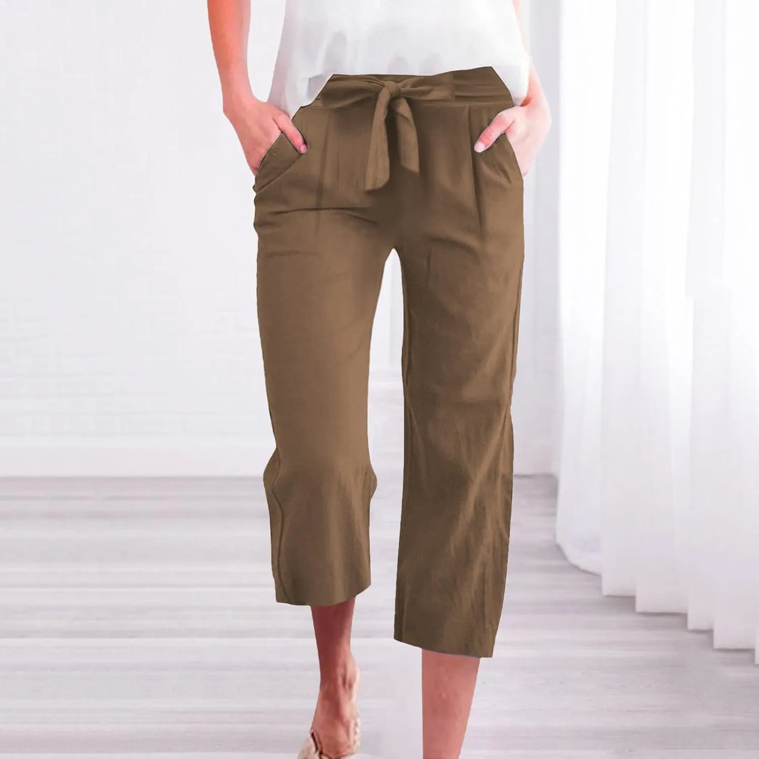 Capri Pants for Women Casual Summer Drawstring Elastic High Waist Linen Pant Straight Wide Leg Cropped Trouser 2025