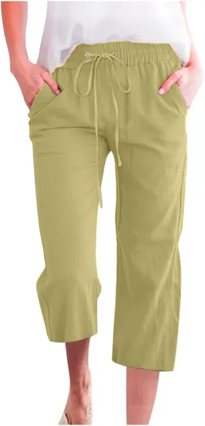 Capri Pants for Women High Waits - Casual 2025 Summer Drawstring Elastic Linen Pant Wide Leg Cropped Trousers