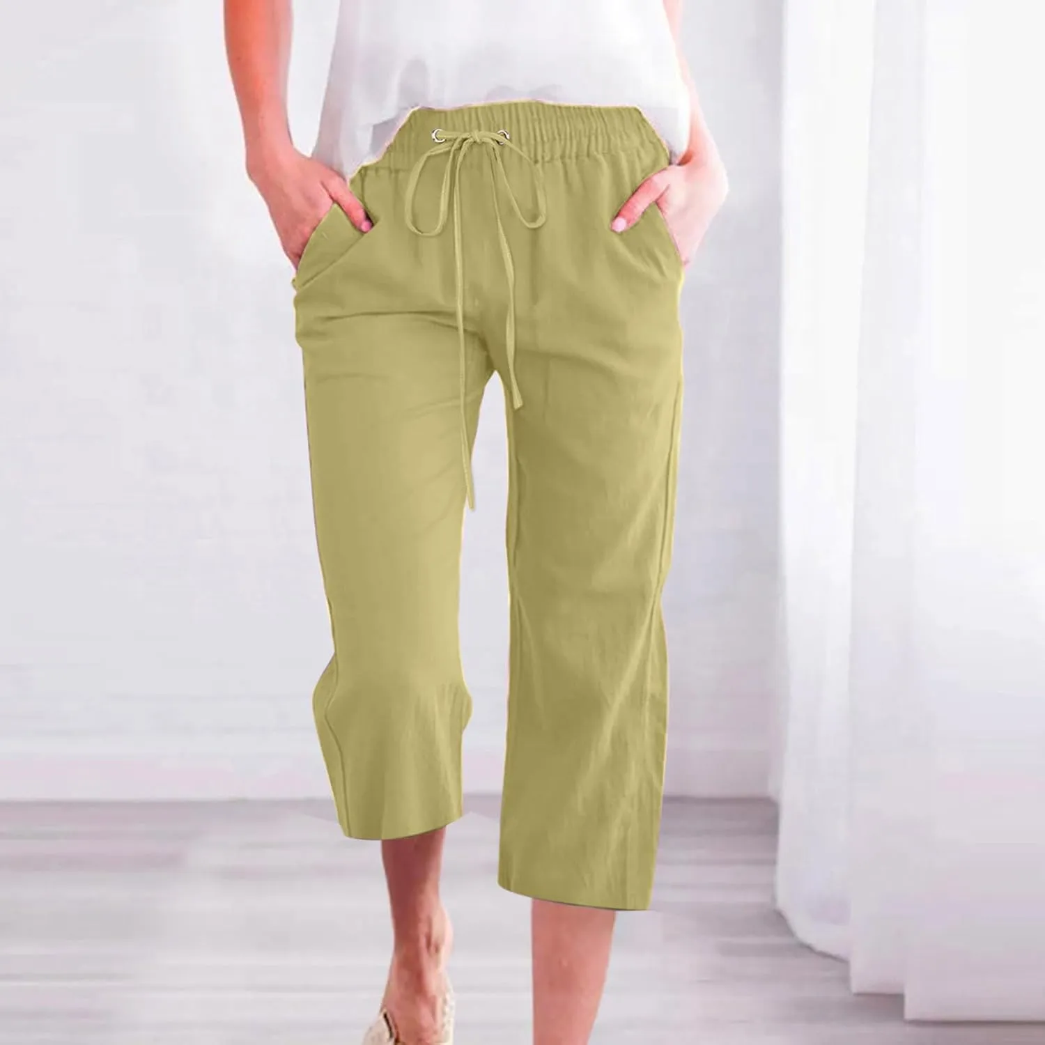 Capri Pants for Women High Waits - Casual 2025 Summer Drawstring Elastic Linen Pant Wide Leg Cropped Trousers