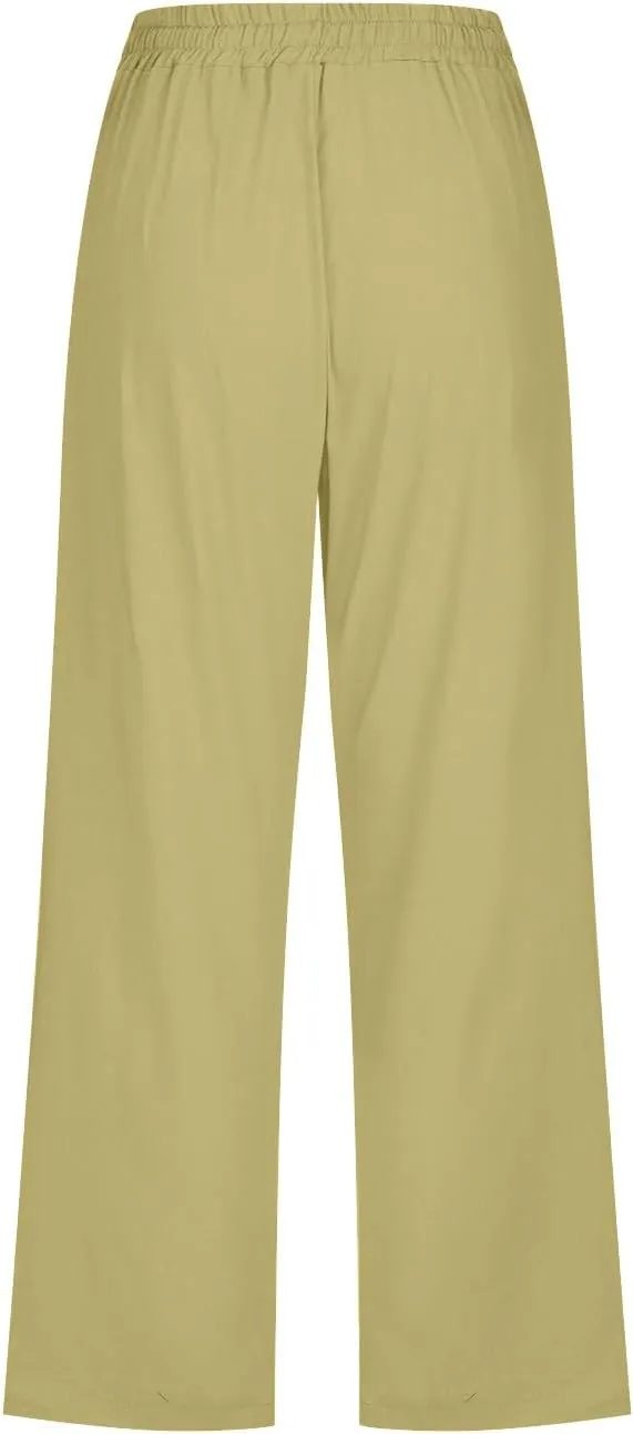 Capri Pants for Women High Waits - Casual 2025 Summer Drawstring Elastic Linen Pant Wide Leg Cropped Trousers
