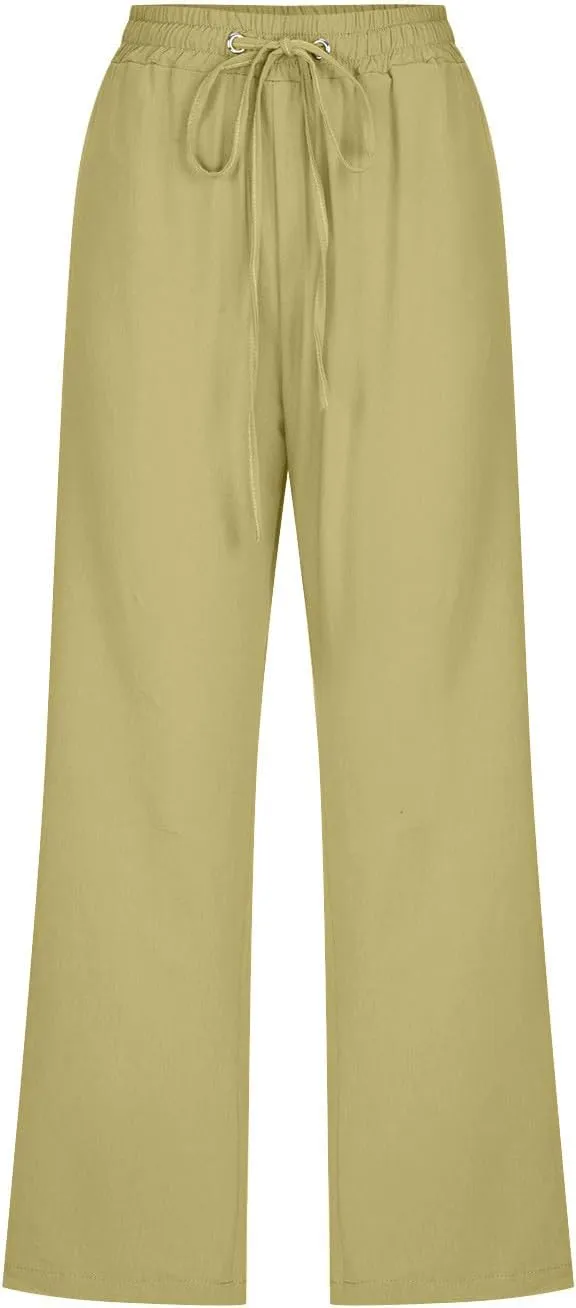 Capri Pants for Women High Waits - Casual 2025 Summer Drawstring Elastic Linen Pant Wide Leg Cropped Trousers