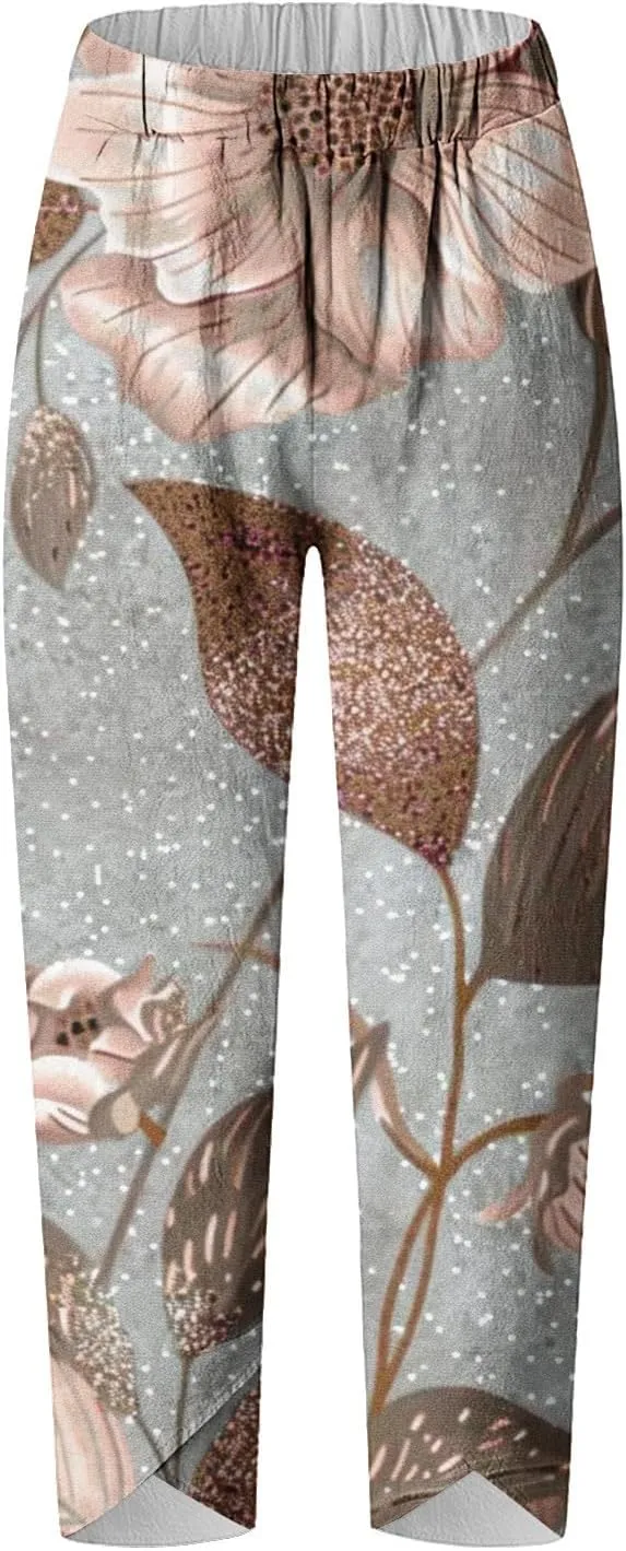 Capri Pants for Women Summer Beach High Waist Floral Print Wide Leg Pants Plus Size Lounge Harem Trousers with Pockets