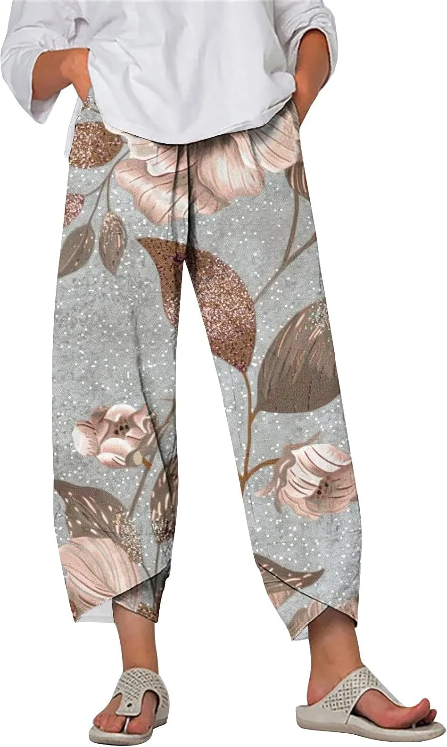 Capri Pants for Women Summer Beach High Waist Floral Print Wide Leg Pants Plus Size Lounge Harem Trousers with Pockets