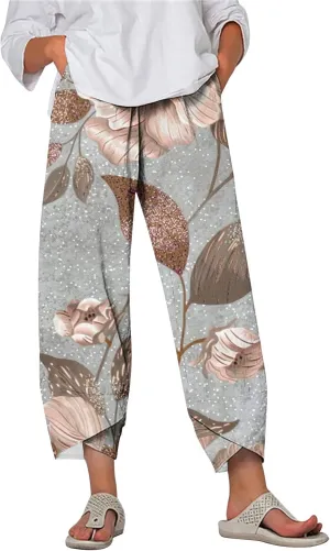Capri Pants for Women Summer Beach High Waist Floral Print Wide Leg Pants Plus Size Lounge Harem Trousers with Pockets