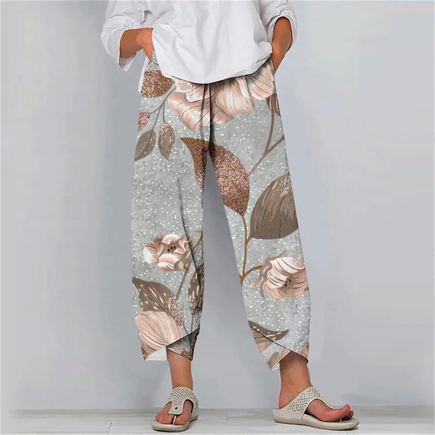 Capri Pants for Women Summer Beach High Waist Floral Print Wide Leg Pants Plus Size Lounge Harem Trousers with Pockets
