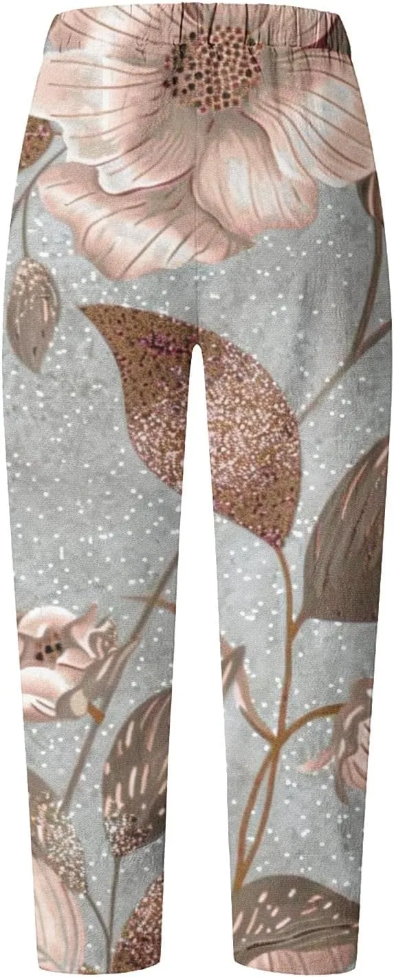 Capri Pants for Women Summer Beach High Waist Floral Print Wide Leg Pants Plus Size Lounge Harem Trousers with Pockets